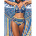 Women's high waist bikini swimsuit with cross bandage design and veils split in three-piece set