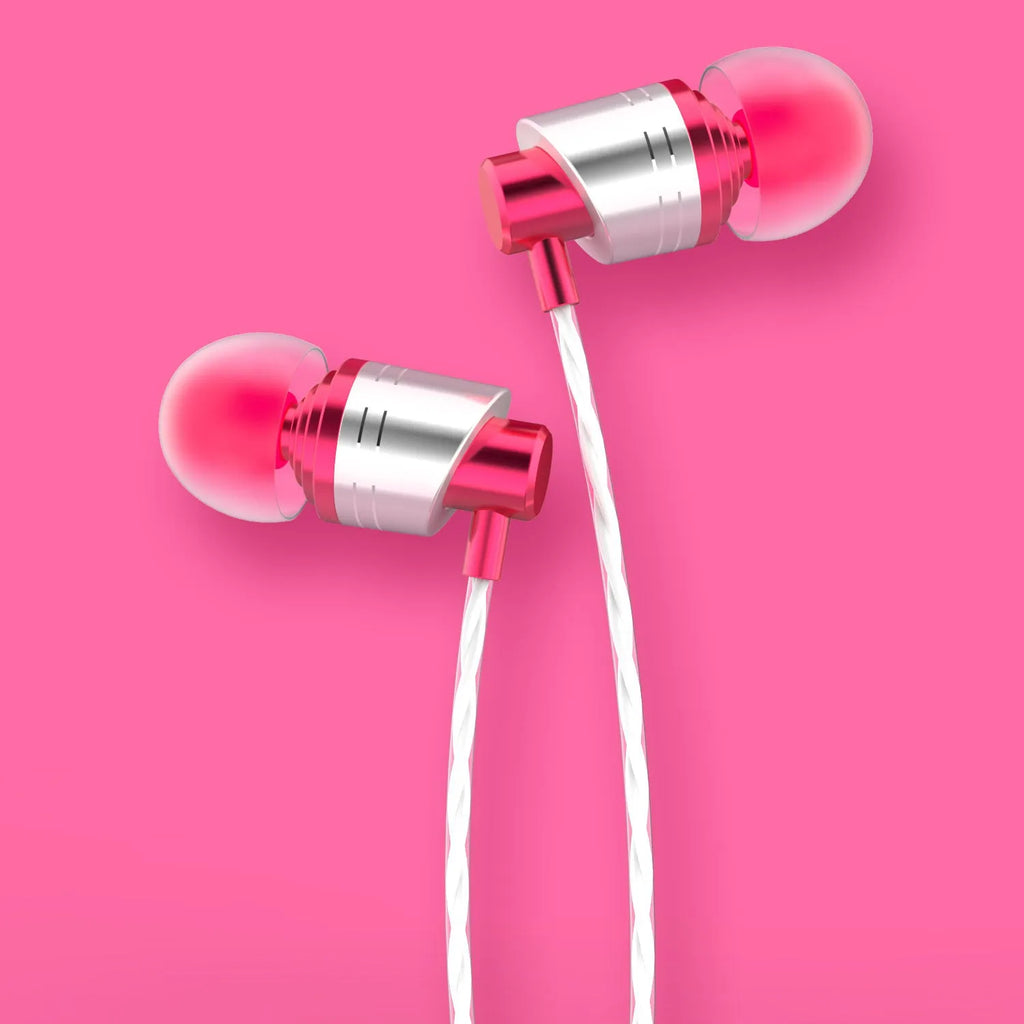 Black wired in-ear earphones with 3.5mm jack, built-in microphone, and silicone tips on a white background.