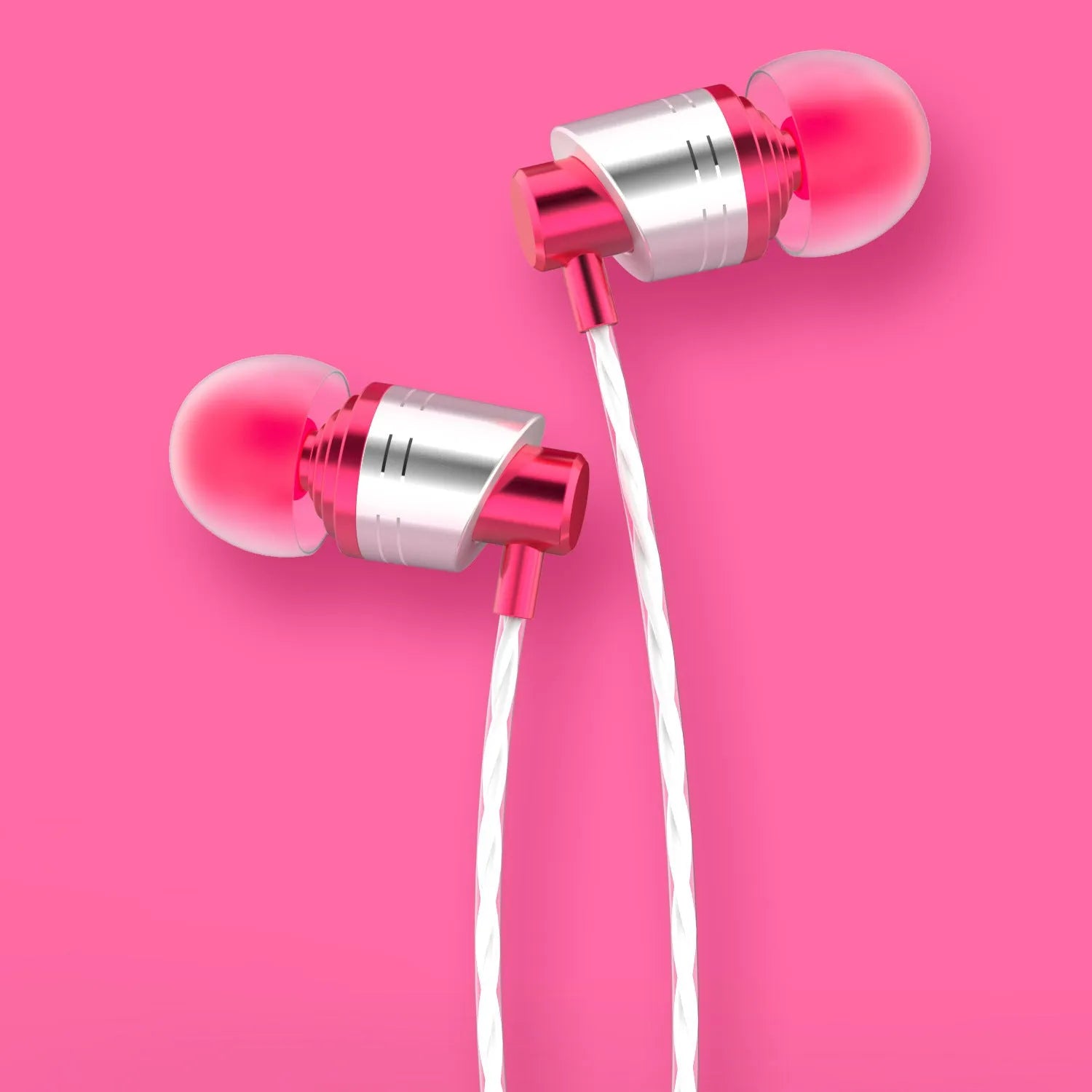 Black wired in-ear earphones with 3.5mm jack, built-in microphone, and silicone tips on a white background.
