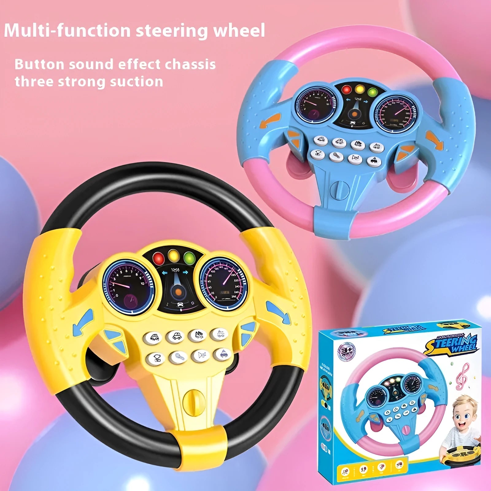 Pink plastic suction cup analog steering wheel toy with music buttons for children aged 4-6 years