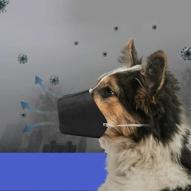 Adjustable black cloth muzzle for pets, side view showing strap and breathable material