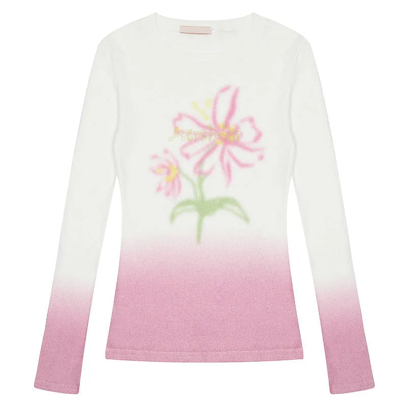 Women's gradient flower print long-sleeved T-shirt in thin polyester fabric