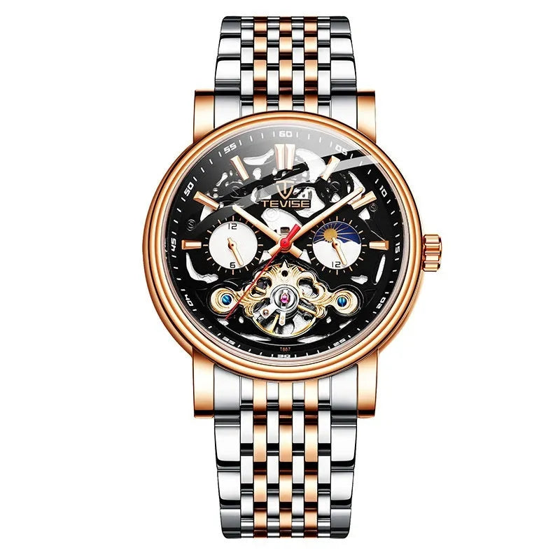 Fashion tourbillon waterproof luminous mechanical watch for men in rose black colour