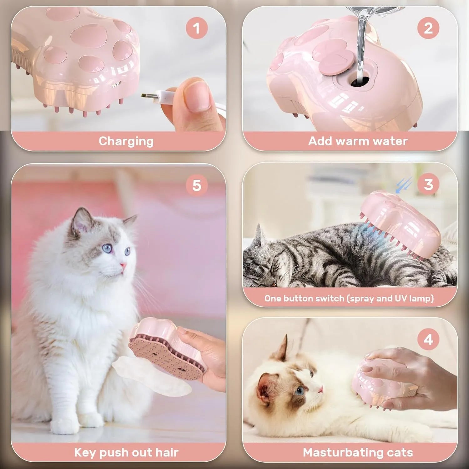 Self-cleaning cat steam brush with silicone head and release button in blue, green or pink