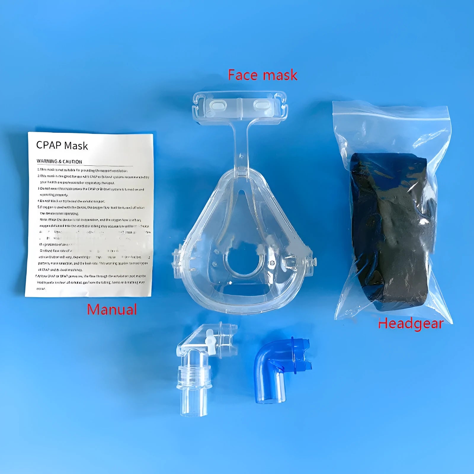 Transparent CPAP breathing mask with silicone seal and adjustable headgear