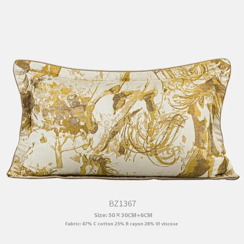 Abstract geometric golden horse design on a jacquard woven polyester cushion cover.