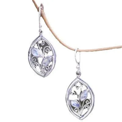 Silver colour women's earrings with creative leaves design embedding colourful moonstones
