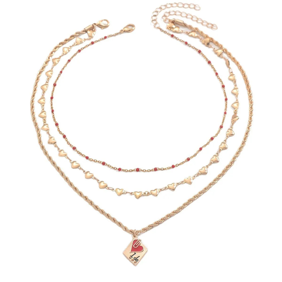 Silver-tone adjustable clavicle chain necklace with a geometric heart pendant on a three-layer chain.