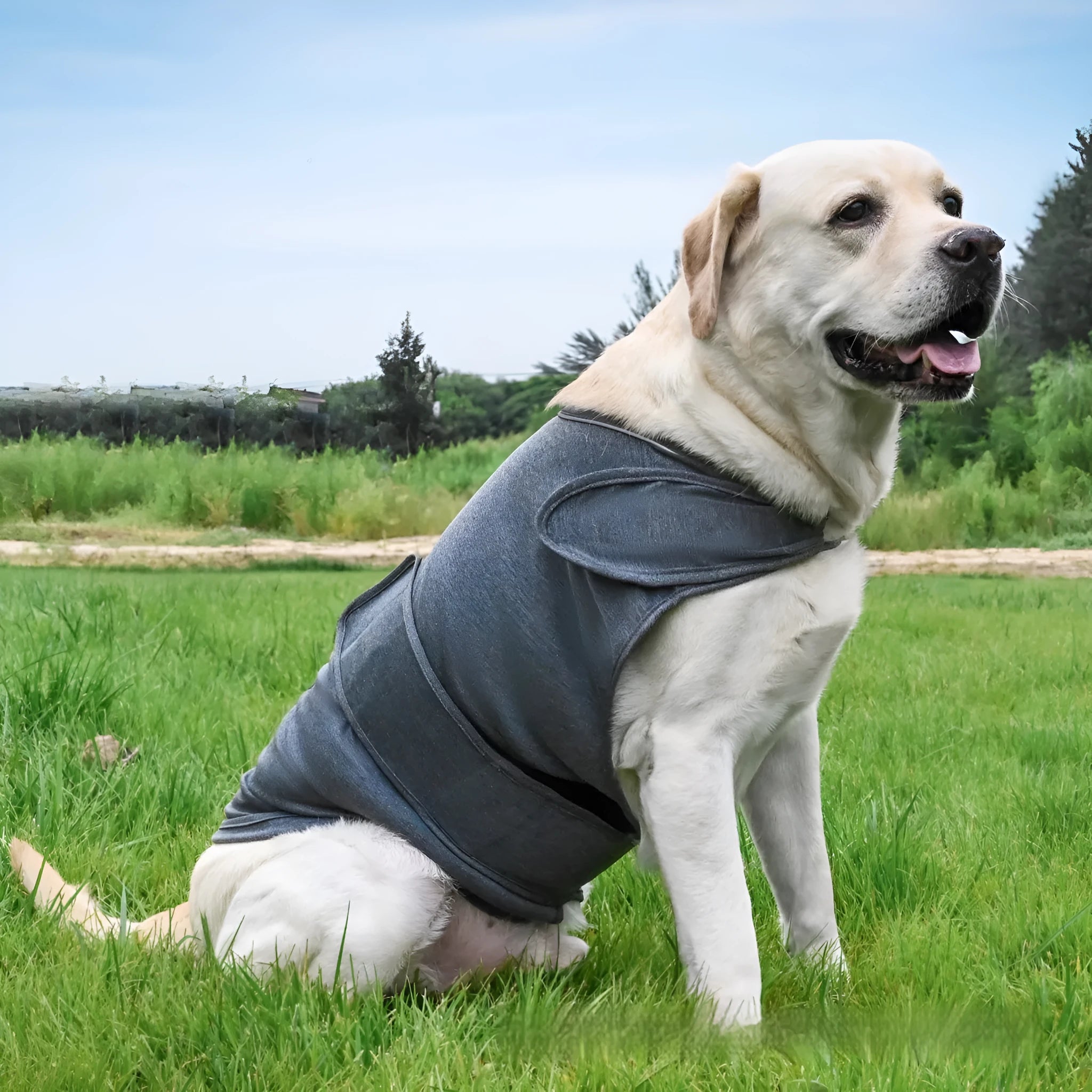 Dog wearing brocade cotton separation anxiety tank top in one of six available colours