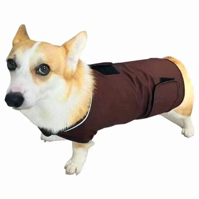 Dog wearing brocade cotton separation anxiety tank top in one of six available colours