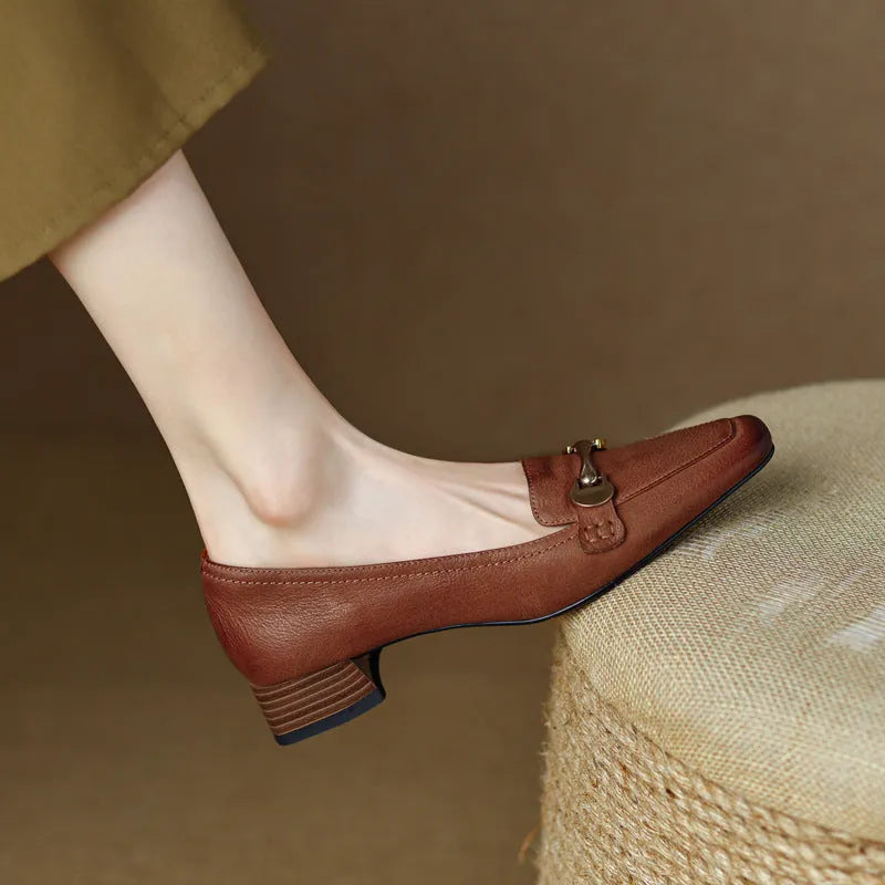 Women's brown retro square toe leather shoes with rubber sole British style