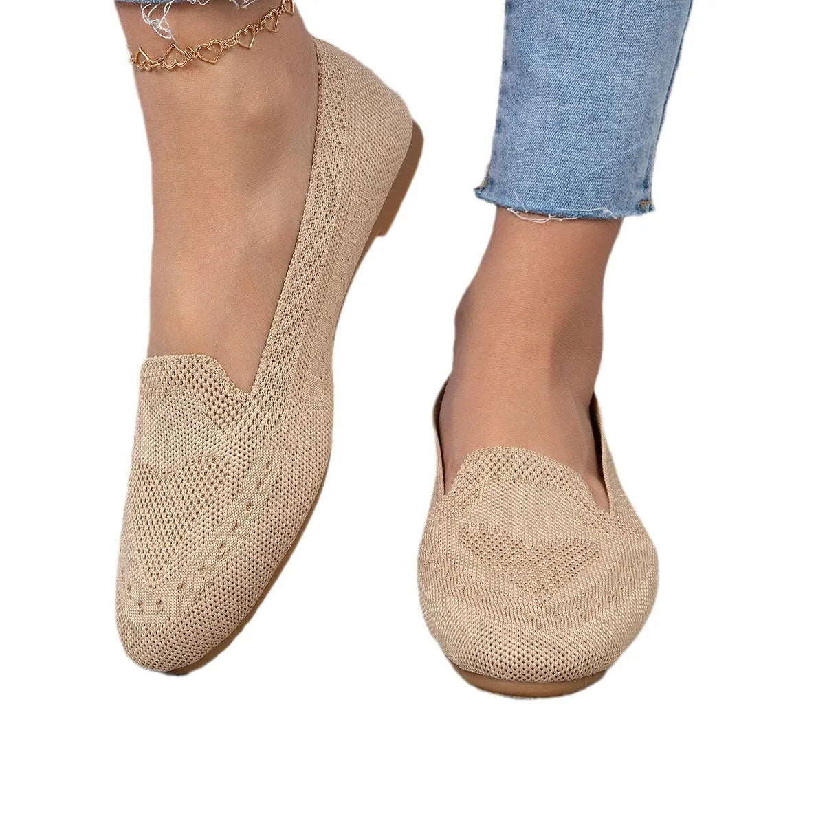 Fly woven mesh low-cut slip-on flat shoes for women in beige, round toe, rubber sole