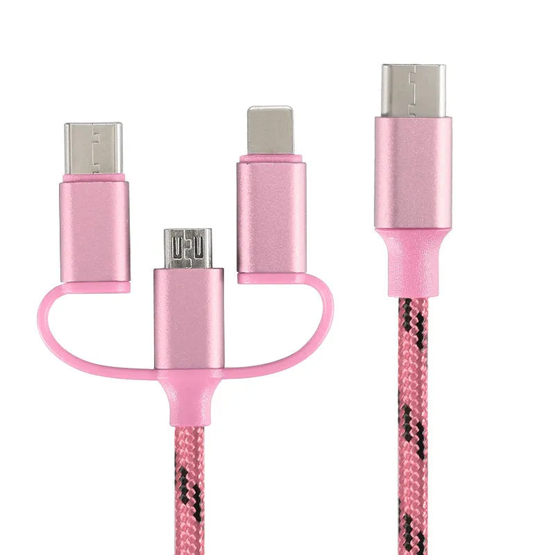 Three-in-one data cable with multiple connectors including Type-C and Micro USB, 1m length, grey colour