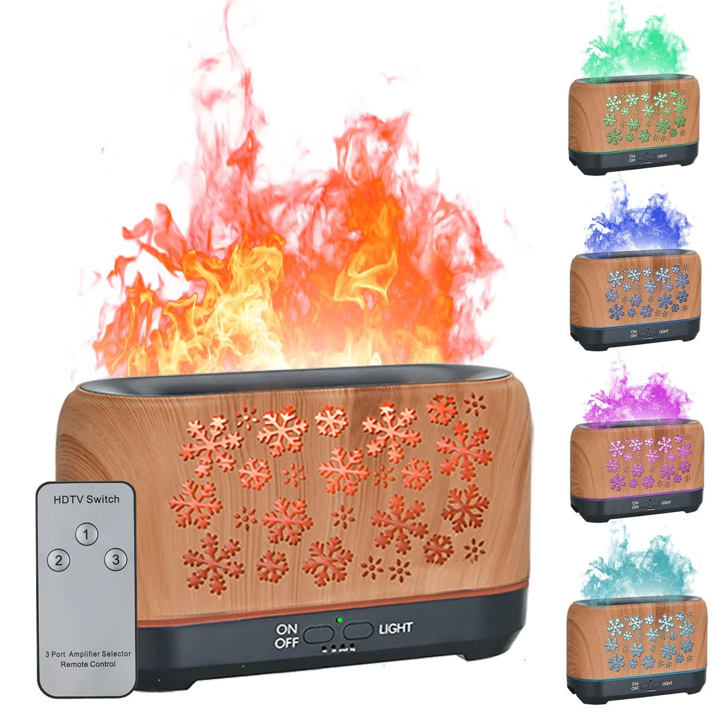 Colourful snowflake wood grain aromatherapy humidifier with glowing flame effect on a desktop.