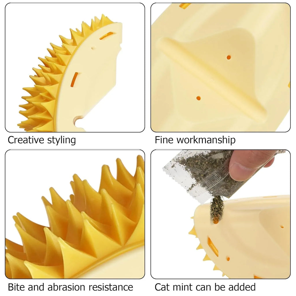 Yellow durian-shaped cat corner scratcher and grooming comb toy for indoor cats