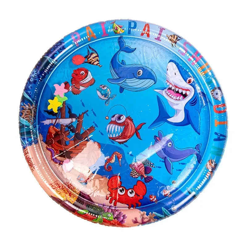 PVC inflatable water cooling mat for cats with shark design on blue background