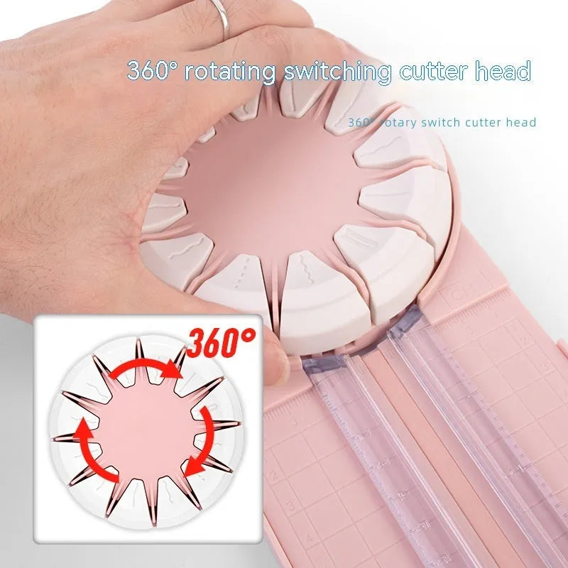 12-in-1 plastic paper cutting machine in pink colour on white background