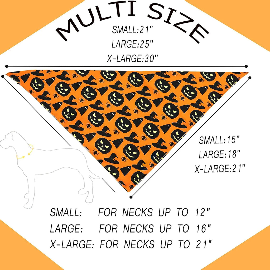 Black and orange reversible Halloween dog bandana with pumpkin and spider web patterns, showing adjustable neck strap.