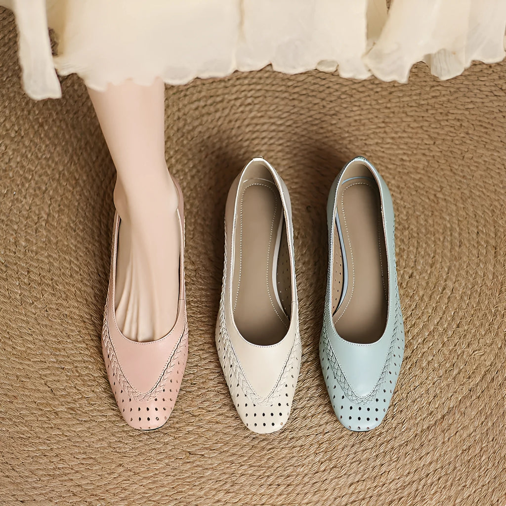 Women's shallow mouth hollow-out round toe mid heel sandals in beige goat skin with beef tendon sole