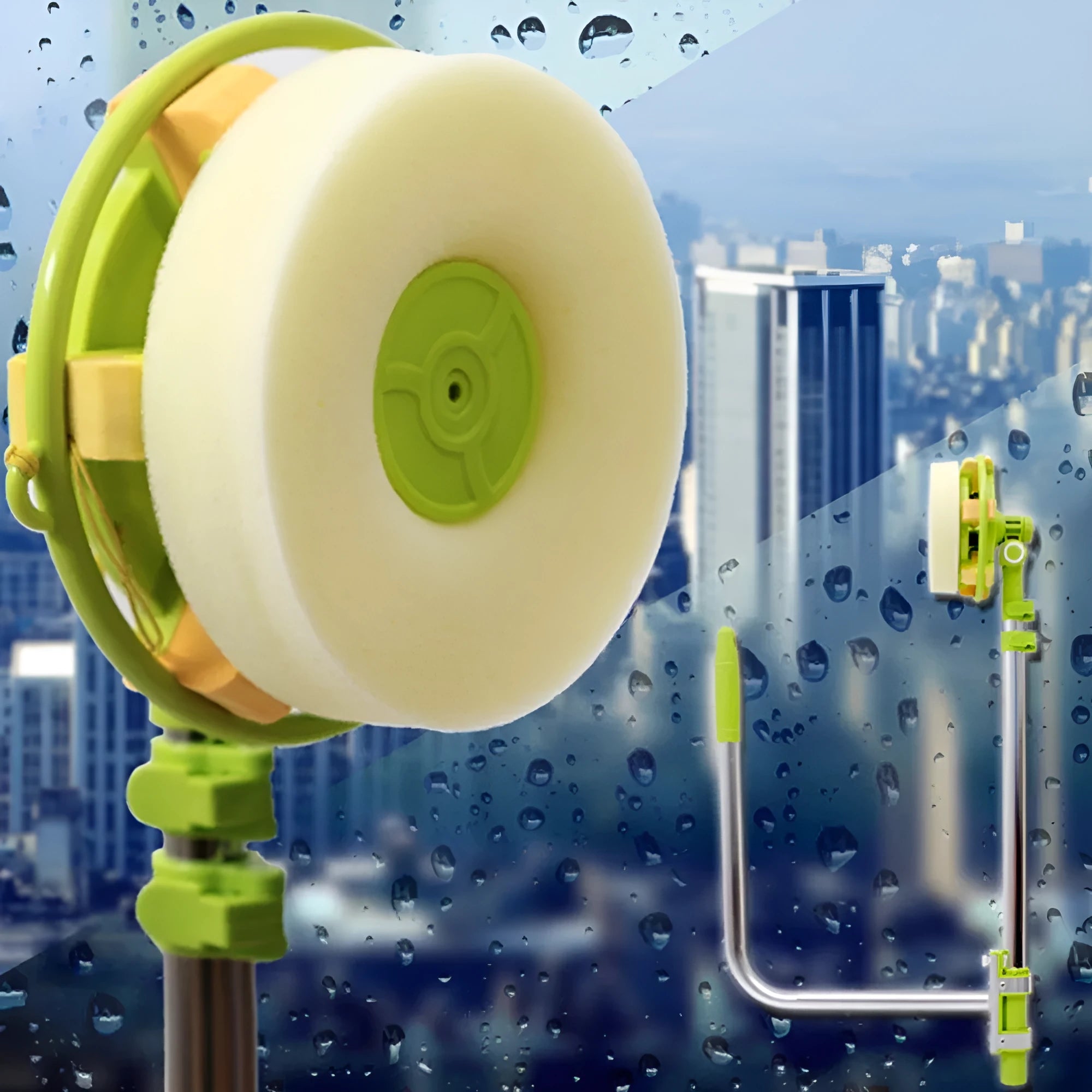Green glass wiper with telescopic aluminium rod and squeegee tool for window cleaning