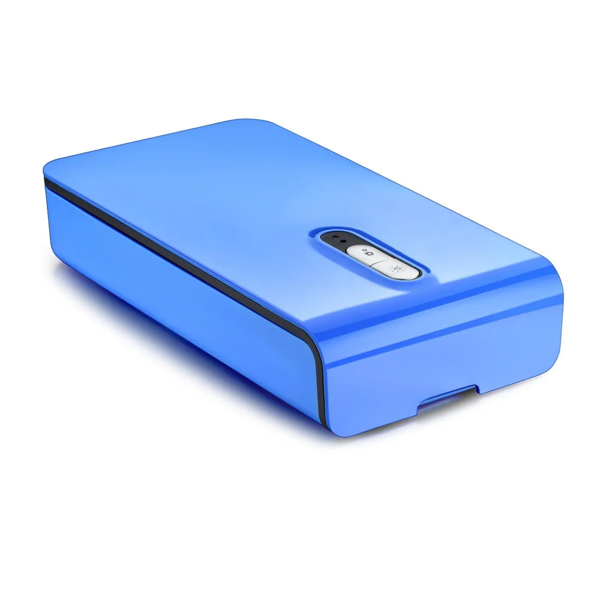 Blue UV phone sterilizer disinfection box with closed lid on a table.