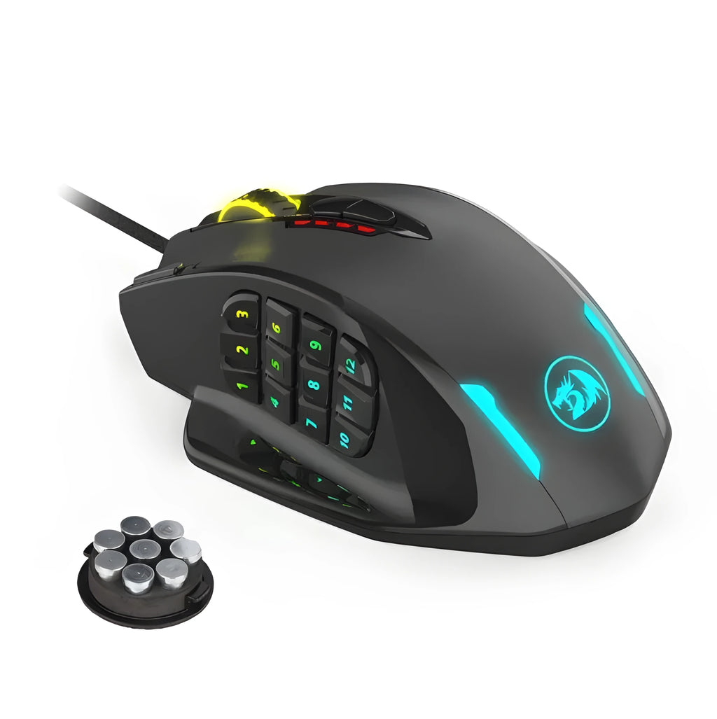 Redragon M908 black one-hander gaming mouse with ergonomic contour and adjustable weight system