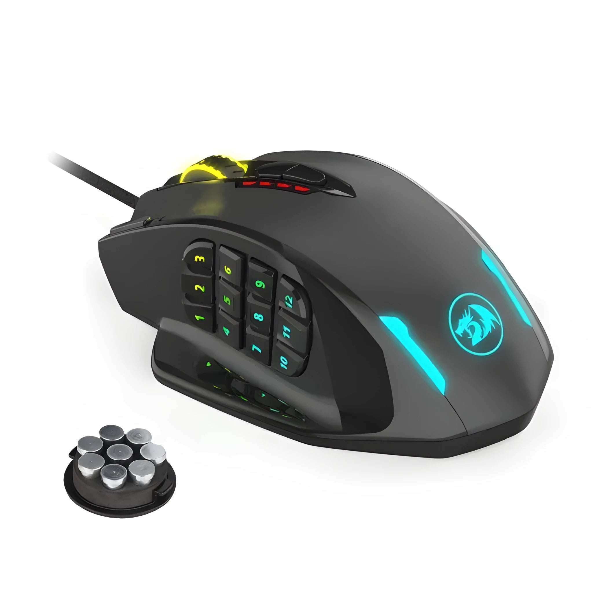 Redragon M908 black one-hander gaming mouse with ergonomic contour and adjustable weight system
