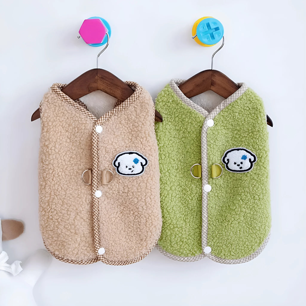 Green thickened coral fleece dog vest with a leash ring on the back, sized for a small dog.