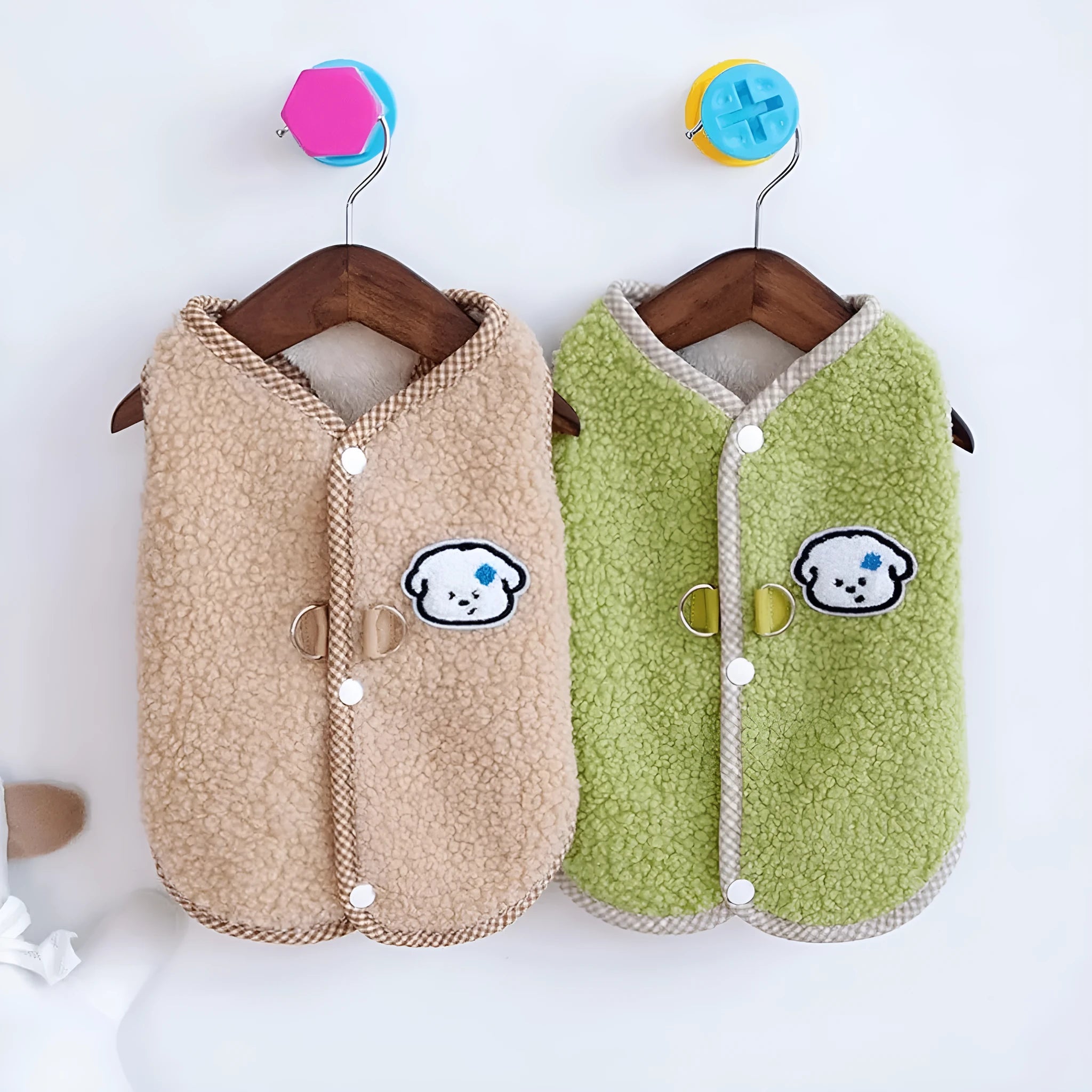 Green thickened coral fleece dog vest with a leash ring on the back, sized for a small dog.