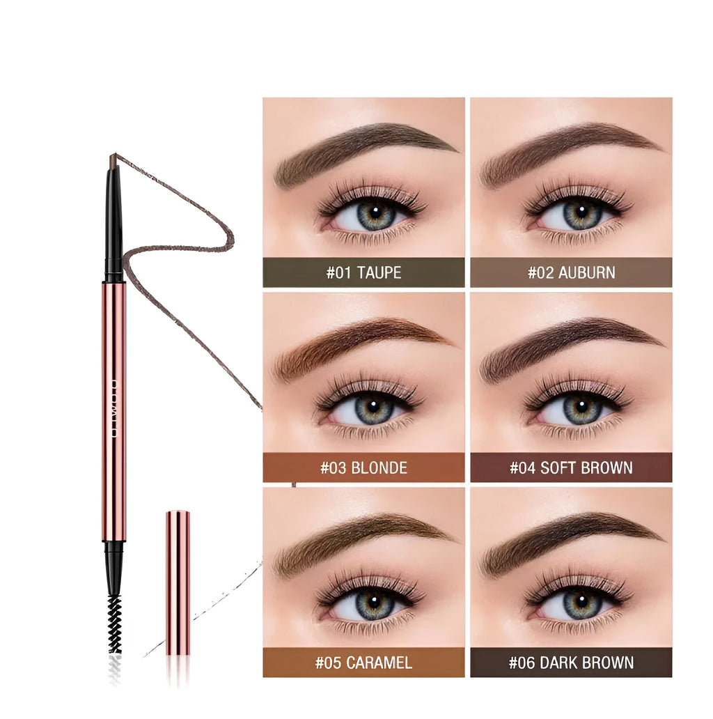 Slender eyebrow make-up pencil in a colour box with six shade options shown.