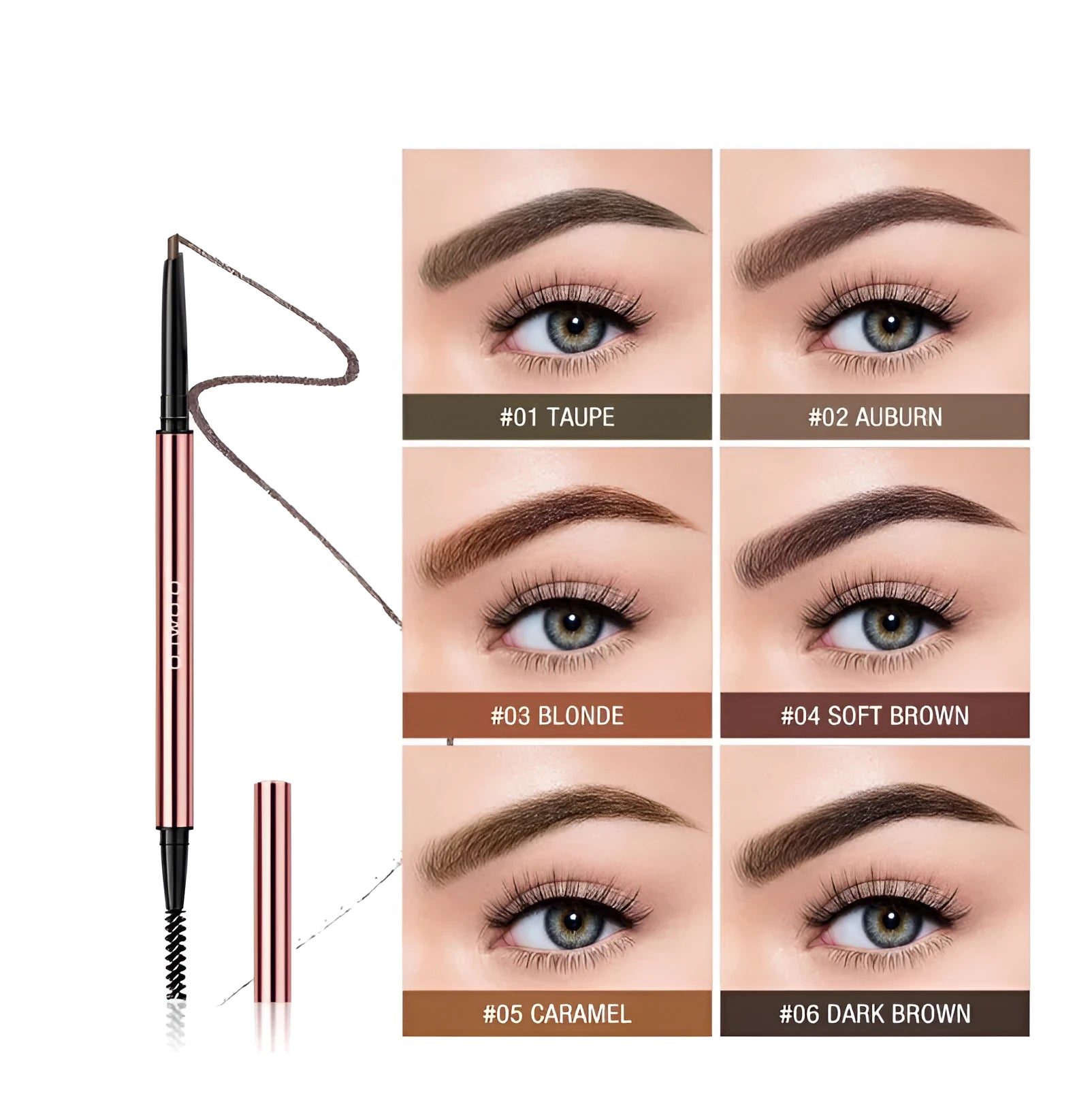 Slender eyebrow make-up pencil in a colour box with six shade options shown.