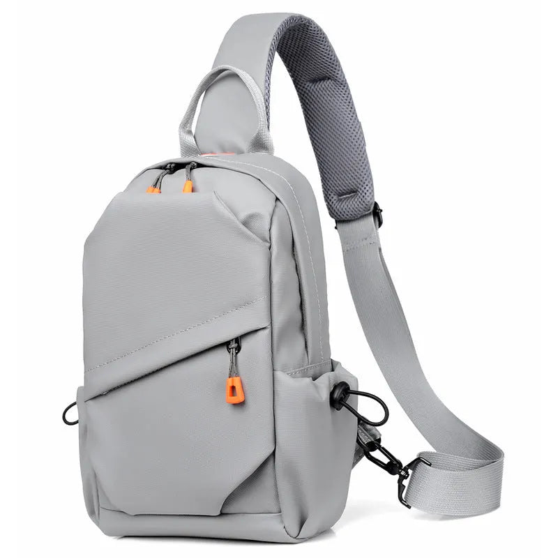 Mens casual single shoulder crossbody bag in waterproof polyester, black and grey colours