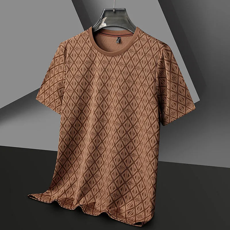 Men's loose fit ice silk polyester short sleeve t-shirt in black, shown on a hanger.
