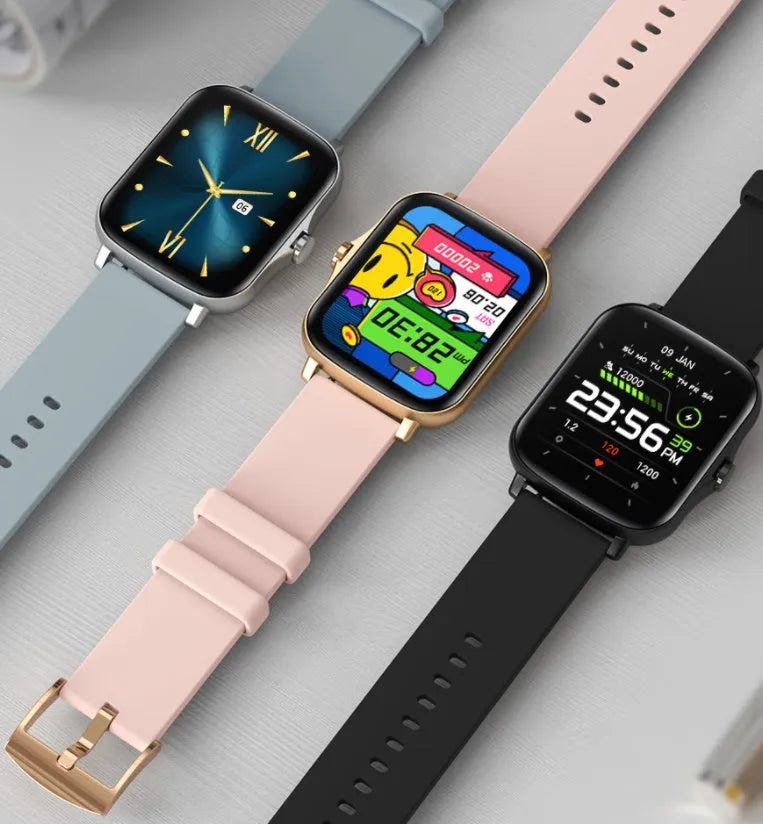 Blue smart sports watch with 1.7-inch touch screen on adjustable strap showing fitness tracking display