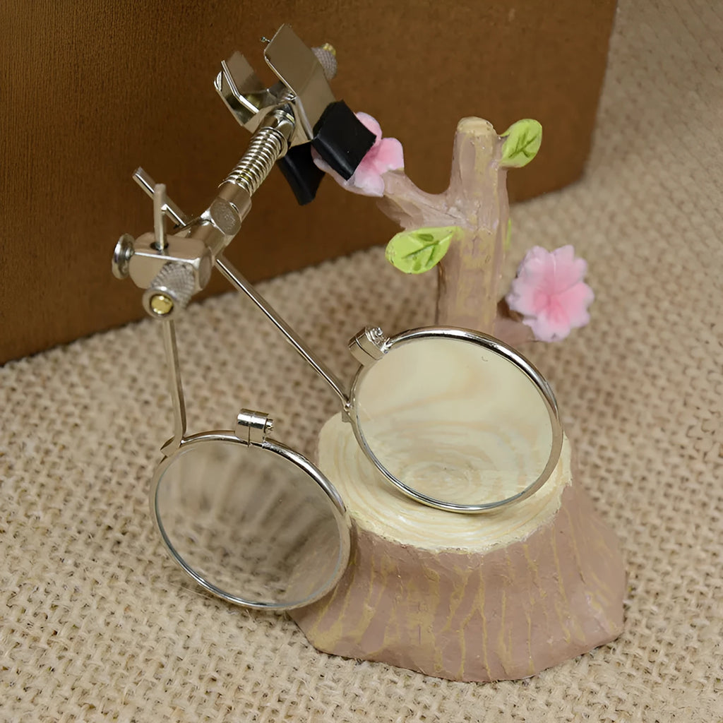 Auxiliary reading glass mirror clip with double clip design and metal bracket construction attached to glasses