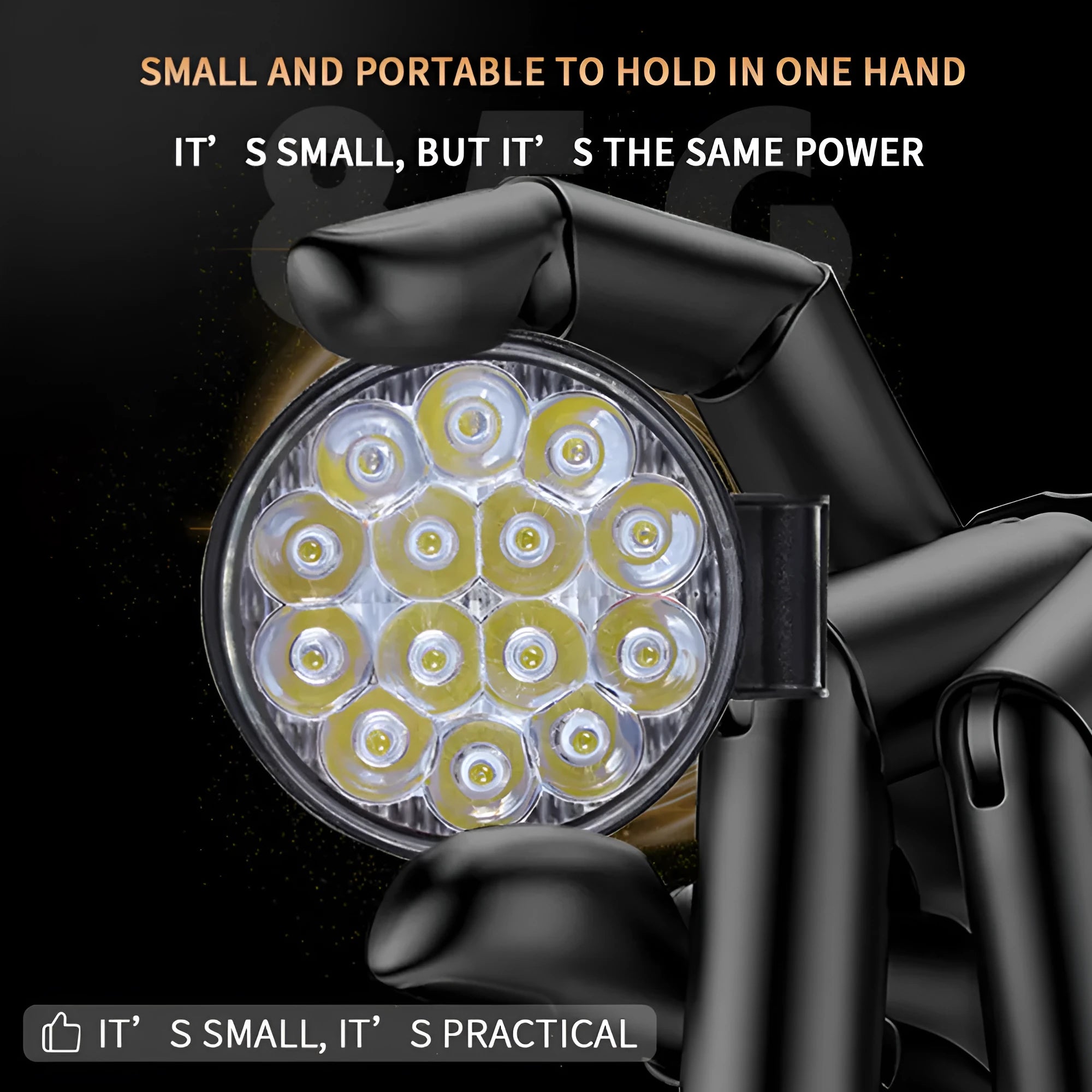 Mini round aluminium car LED work light with white light, shown for off-road vehicle installation.