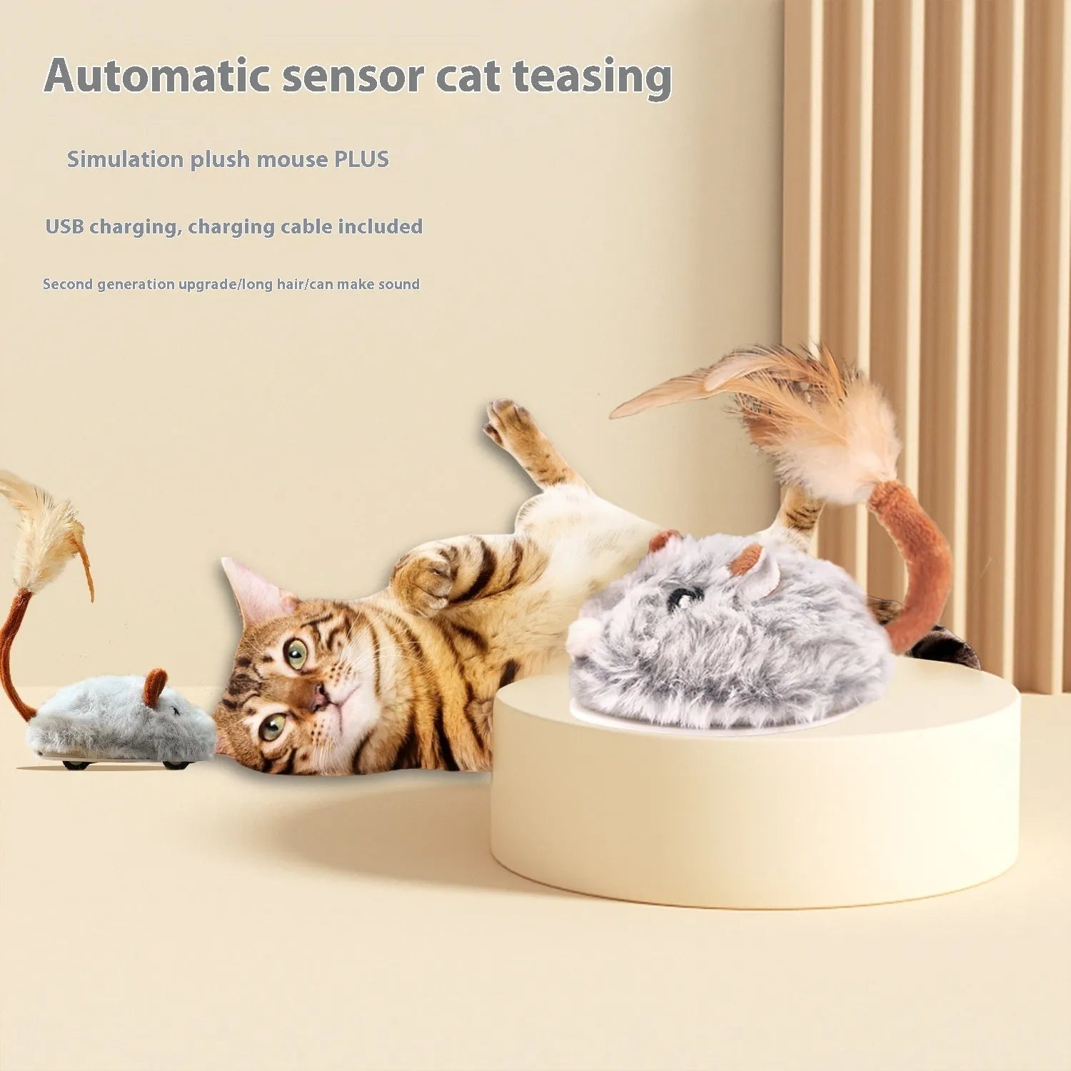 Electric cat toy with a plush mouse on a pole, shown in pink, grey, and purple colour options.