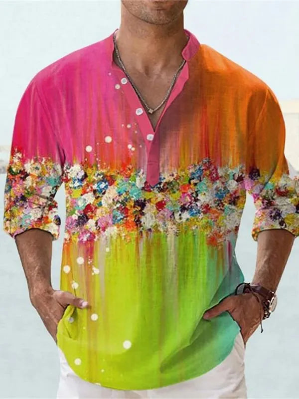 British style bamboo hemp short sleeve shirt with 3D thermal transfer stripe patterns in summer colours