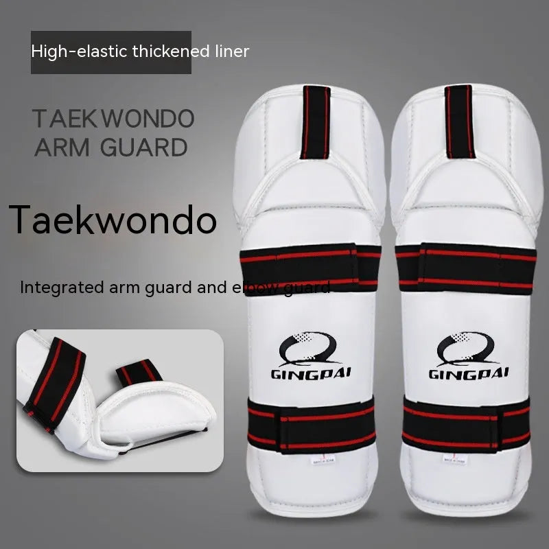Taekwondo leg and arm protective gear set showing arm guards, leg protectors, and elbow guards