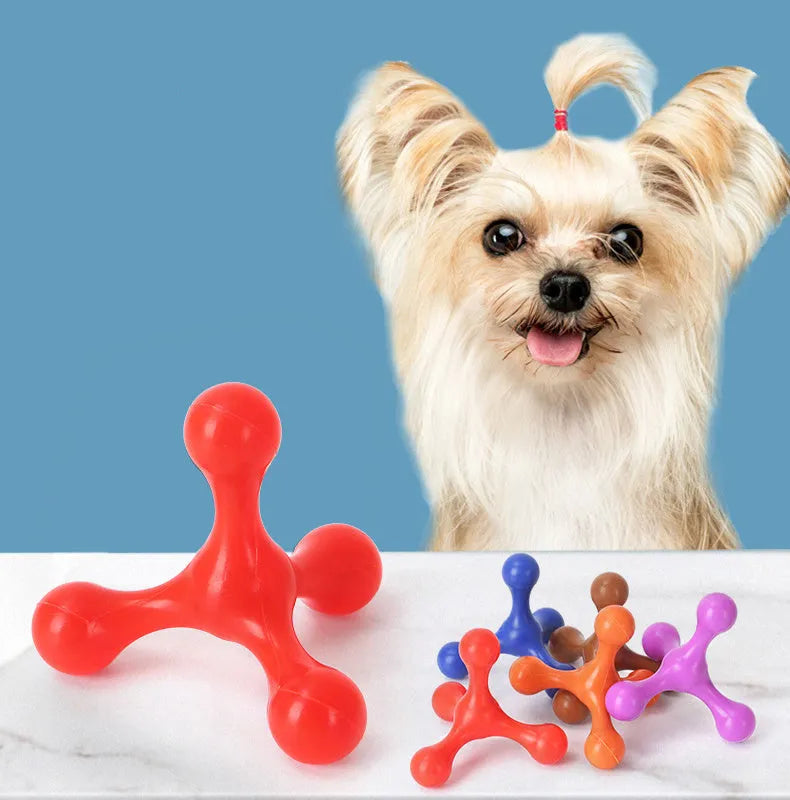 Blue silicone three-legged bone chew toy for puppies measuring 9.5cm