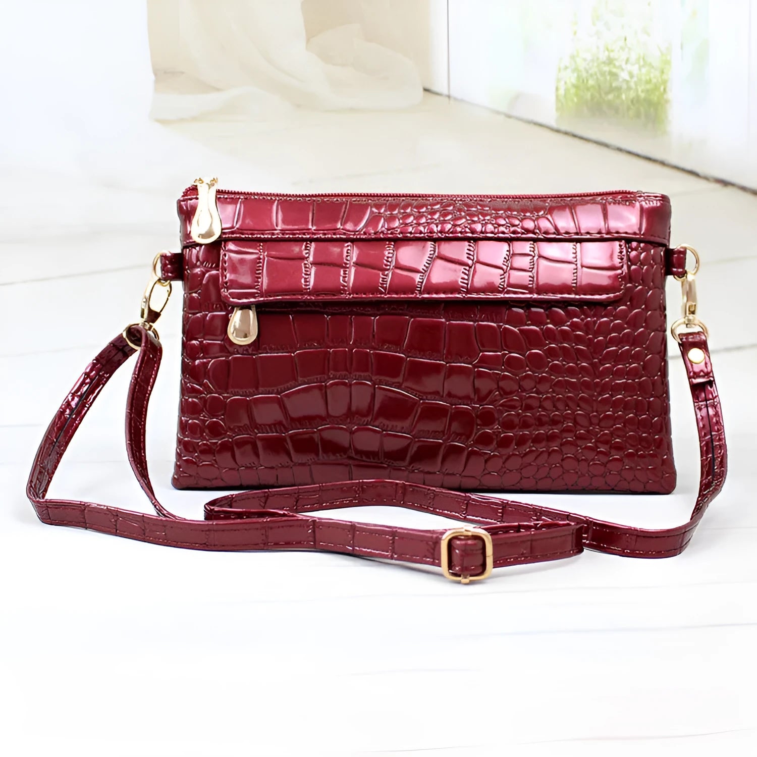 Women's PU shoulder messenger bag, horizontal square shape, 24cm width, in purplish red with soft finish and lining cloth