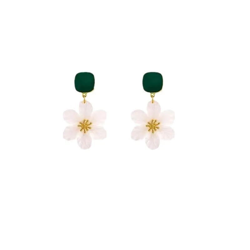 Dark green women's earrings with sterling silver-plated needle flowers design