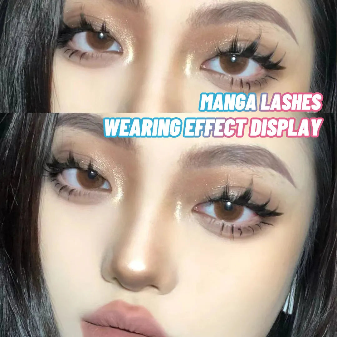 Pack of manga-style false eyelashes showing three wispy styles 007, 008, 009 for anime cosplay makeup.