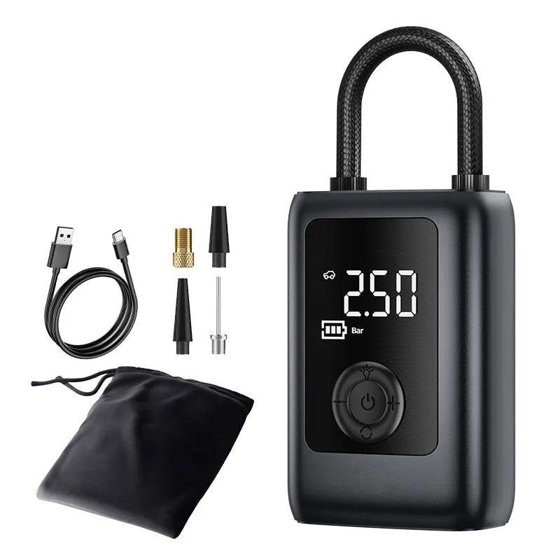 Car portable electric gas filling bag in ABS material with 12V cord, tyre pressure gauge, and LED light on a dark road surface