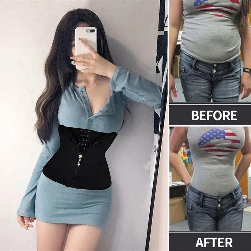 Neoprene waist trainer corset in black with adjustable closure for tummy control during yoga and running