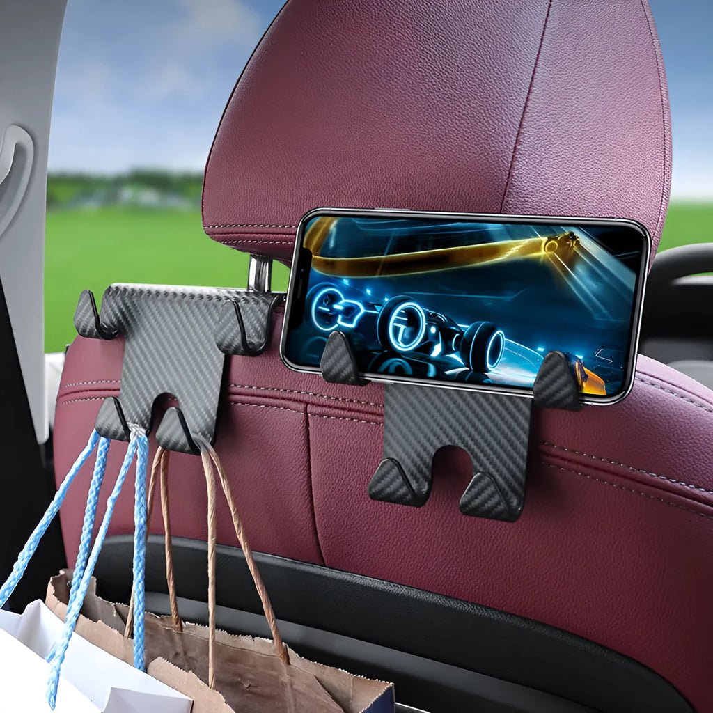 Black ABS car multifunction hook bracket with integrated phone holder for rear seat storage