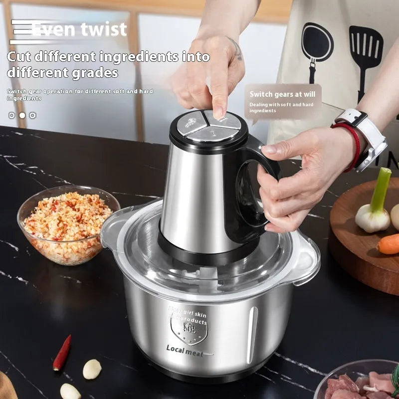 Stainless steel meat grinder with 2L capacity bowl and two knife sets