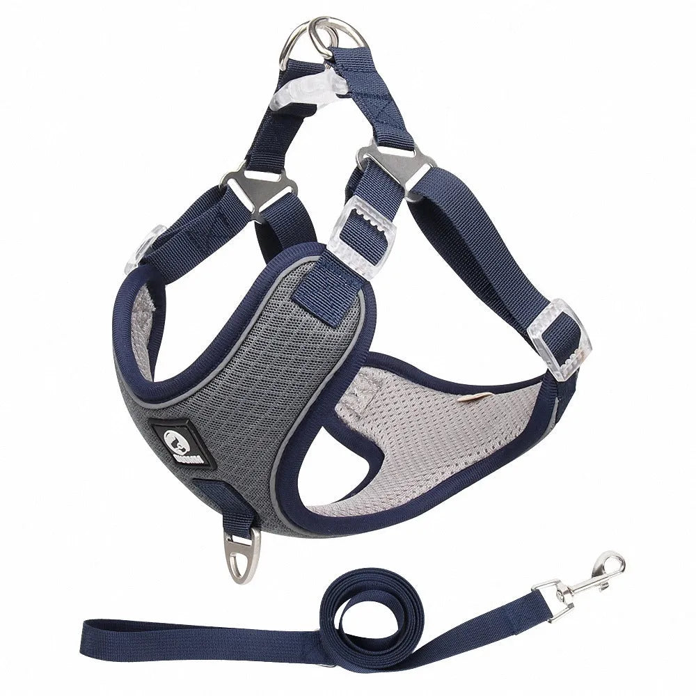 Adjustable breathable dog harness with reflective piping in black red grey light purple