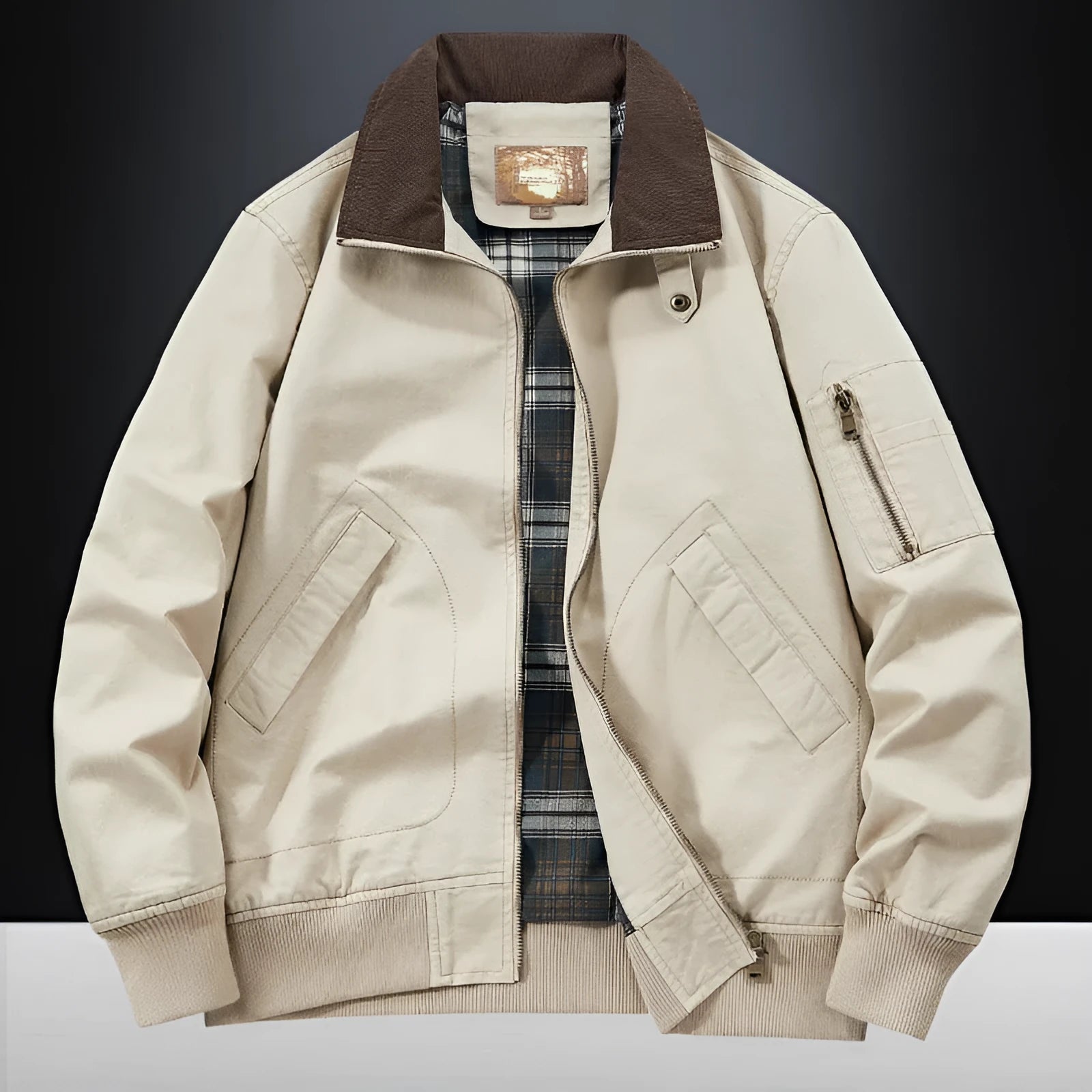 Men's plus size washed cotton baseball jacket shown in available colours