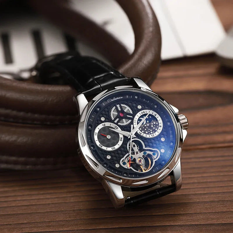 Men's black and silver automatic business watch with steel case and leather strap